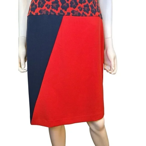 Ann Taylor Womens Animal Print Color Block Sheath Dress Red And Navy Size 8 NWT - Picture 3 of 8